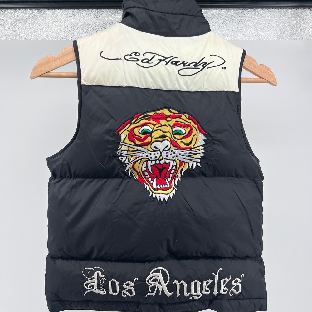 Vintage Y2K Kids Ed Hardy Black Puffer Vest Tiger Logo‎ Los Angeles Size XS 6